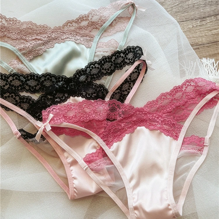 ملابس داخلية مثيرة مفرغة من الدانتيل للنساء منخفضة الخصر بفيونكة حلوة من الساتان سراويل داخلية ناعمة من القطن قابلة للتنفس