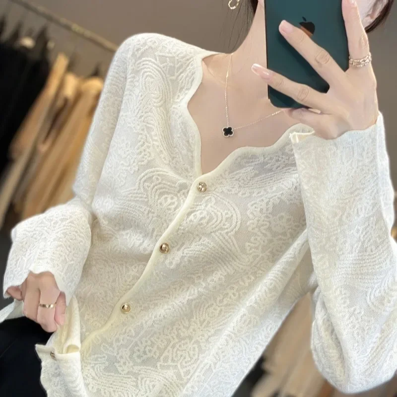 Spring New Thin Knit Cardigan  Weaving Flowers Thin Sweater Knitted Women Top Loose V-Neck Comfortable Soft Women Clothes 2025