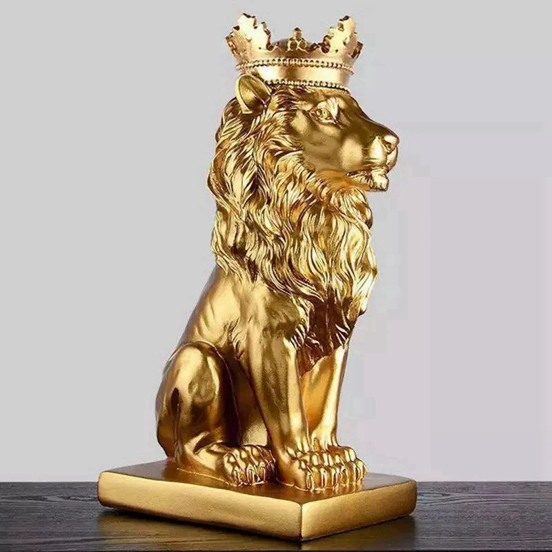 3X Abstract Crown Lion Statue Home Office Bar Male Lion Faith Resin Sculpture Crafts Animal Art Decor Ornaments - Gold