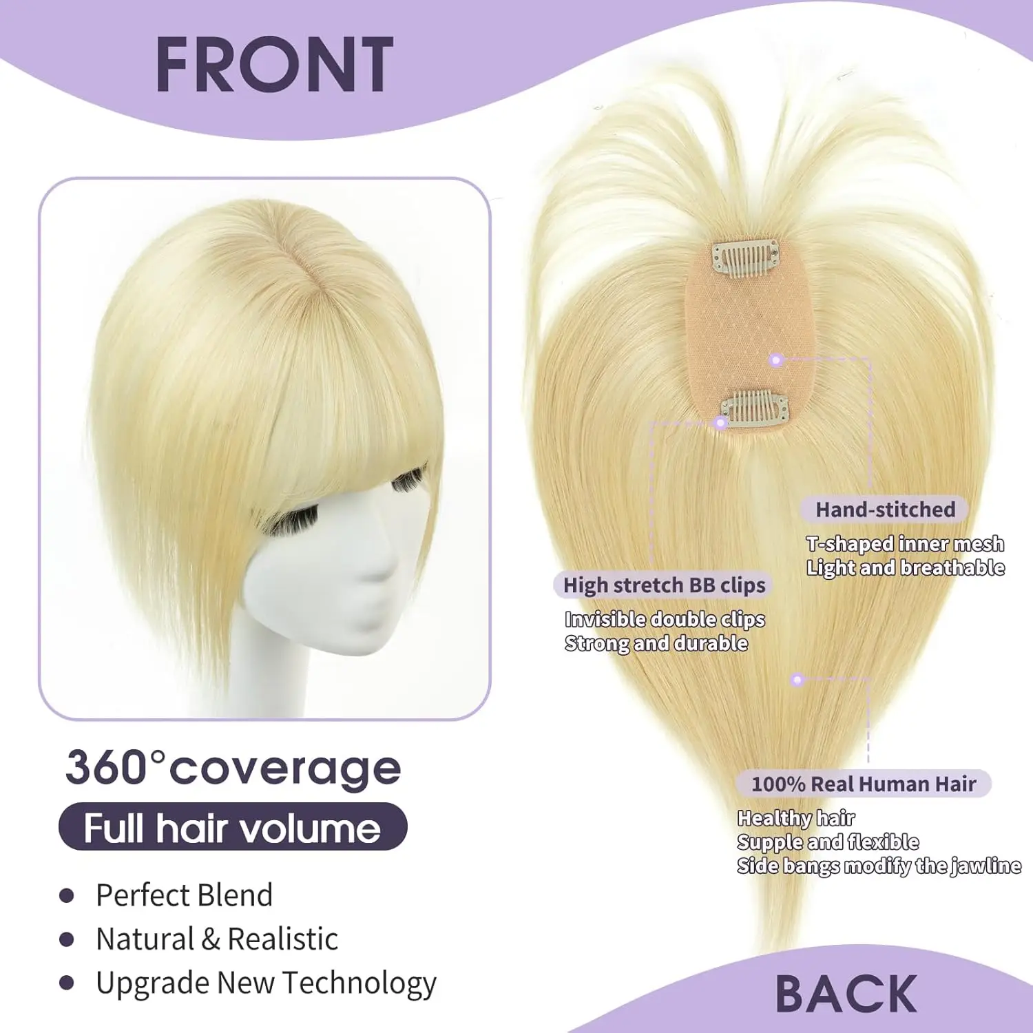 Natural Looking Jumbo Large Hair Topper for Thinning Hair with 5x9cm Swiss Lace Front Base & Monofilament Top 613 Light Blonde