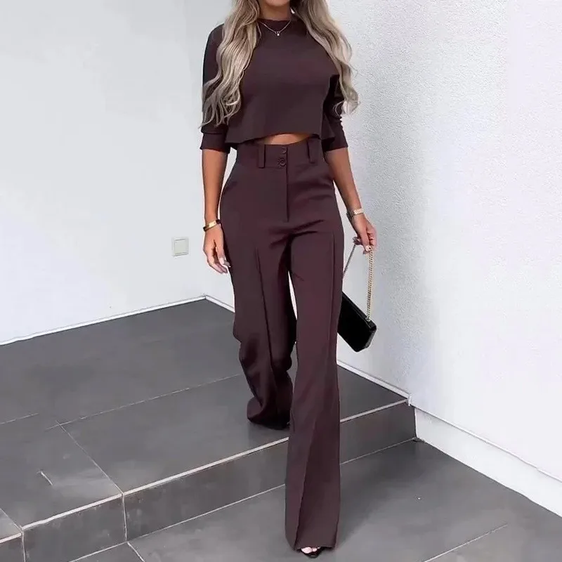 

Elegant Office Ladies Suit Fashionable Solid Color Two-piece Set Women Casual Navel Top High Waist Trousers Women Commuting Suit