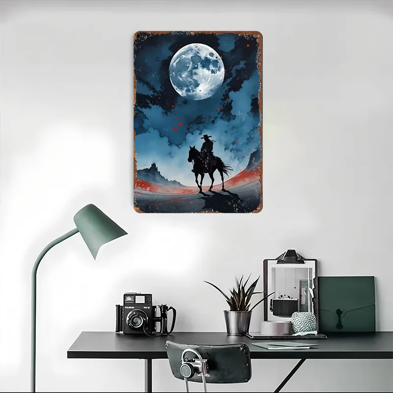 Cowboy on Horseback Under Full Moon Metal Poster Decorative Home Objects Customizable Metal Tin Signs for Wall Art Decoration