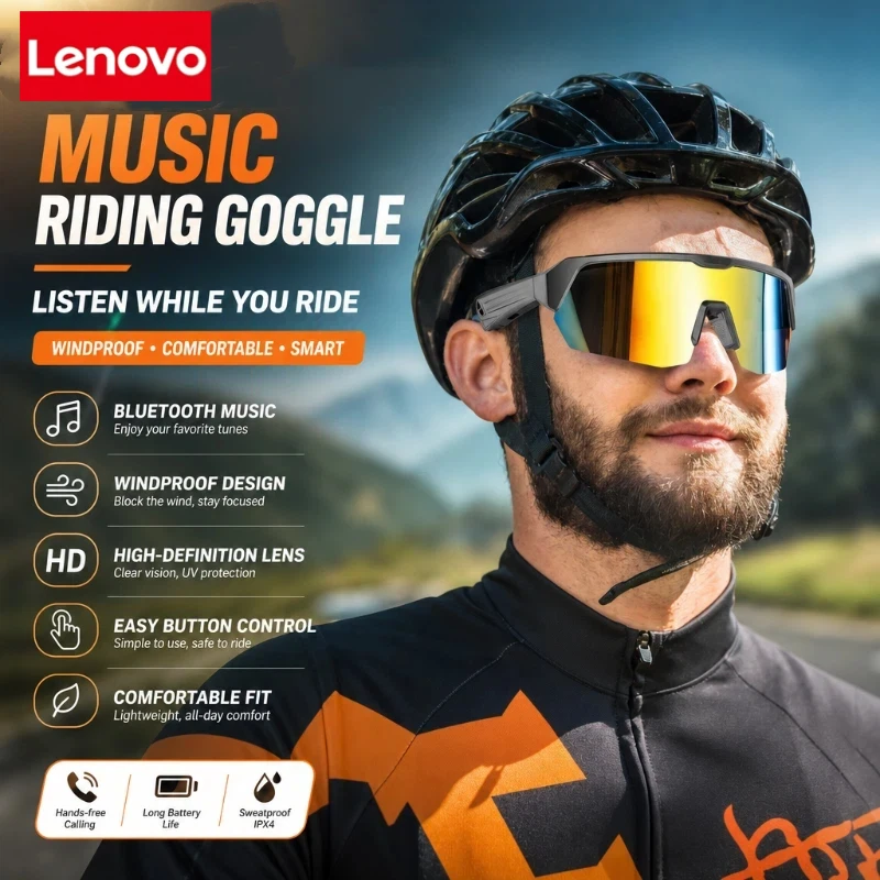 

Lenovo YJ006 Motorcycle Cycling Bluetooth Smart Glasses Audio Call Remote Headset Sunglasses Sports Driving Music Earbuds 2026