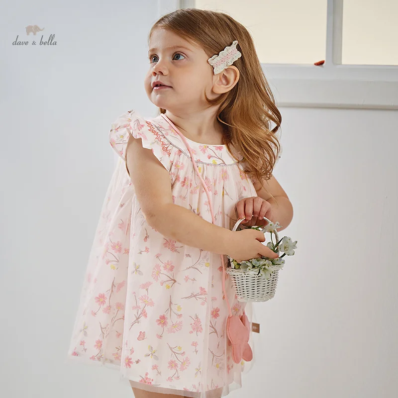 Dave Bella Girl's Dress 2024 New Summer Children Baby Princess Dress Butterfly Floral Mesh Gentle Sweet Sleeveless DB2241117