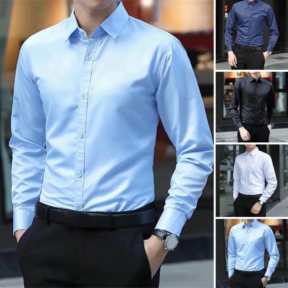 Men British Business Formal Social Long-sleeved Shirts Solid Color Homme Casual Slim Front Personality Party Banquet Blouse