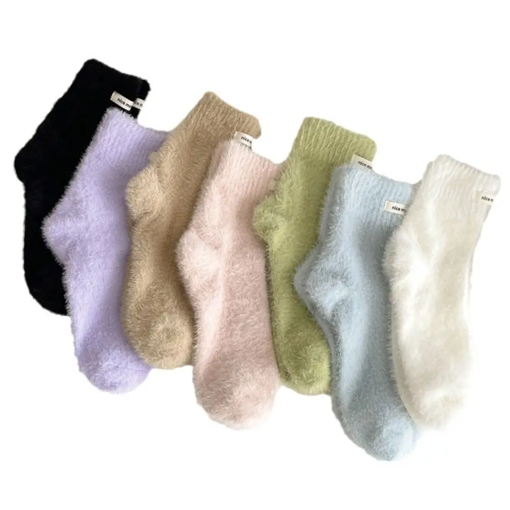 Fashion Winter Mink Cashmere Socks Solid Color Plush Velvet Socks Warm Fluffy Cotton Socks Women