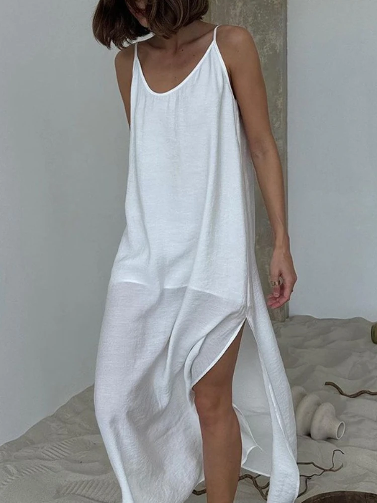 

Casual Loose White Long Dress Robe Spring Summe Newr V Neck Dresses for Women Spring Sleeveless Straight Robes Nightgown
