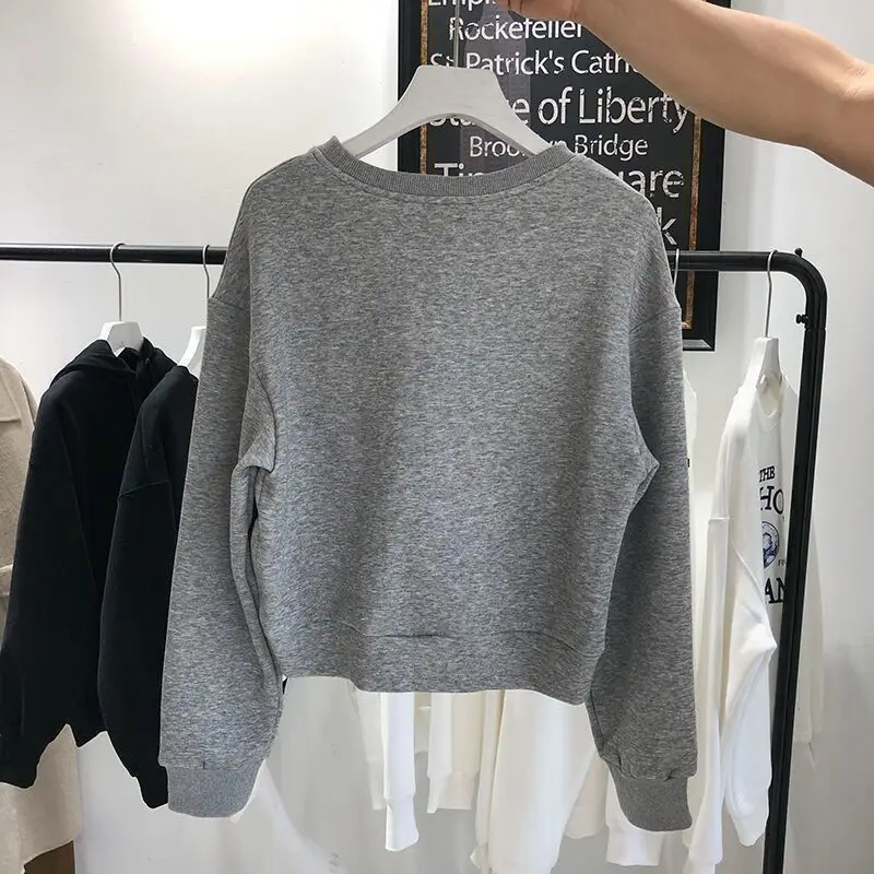 Sweatshirts Women Casual Cropped Clothes College O-Neck Tender Fashion All-match New Solid Simple Ulzzang Spring Autumn Friends