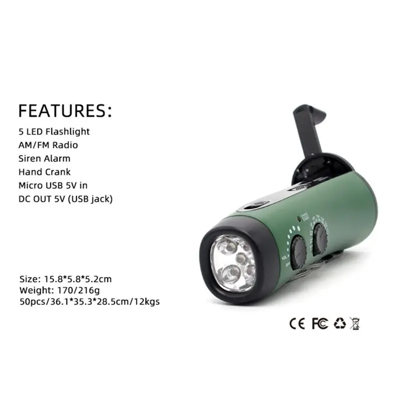 A92Z Hand Crank Olar Power Hand Crank Lights Battery Operated AM FM Weather Green