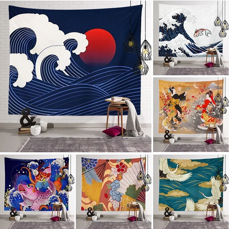 New Japanese-style Ukiyo-e tapestry Kanagawa surf hanging cloth wine shop Japanese shop tapestry geisha cloth hanging painting