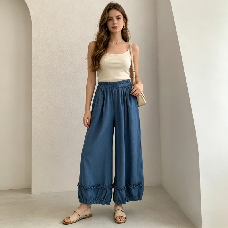 Women Jeans Denim Pant Vintage Elastic Waist Work Casual Straight Ankle Length Trousers Ruffled High Street Splice 2026 Summer