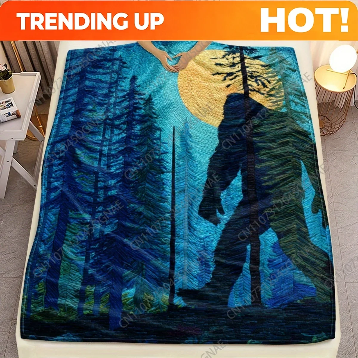 Custom 1pc Bigfoot In Forest Nighttime Throw Blanket - Plush Flannel Bedspread With Sasquatch & Pine Tree Print, Deep Blue/Green