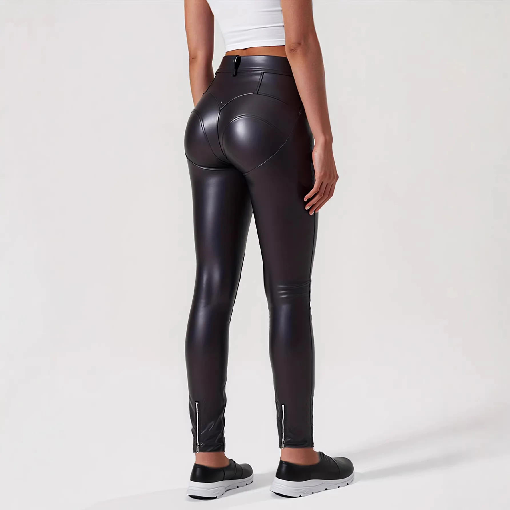 Matte PU Leather Zipper High Waist Women's Pants Nightclub Street Style Multi-Zipper Long Trousers Fashionable Casual Pants