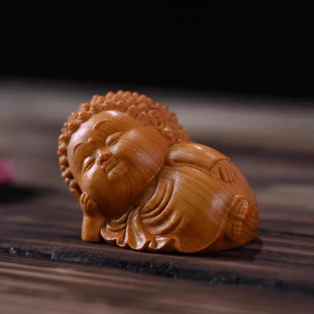 Taihang Cypress Wood Carved Reclining Buddha Figurine Wenwan Hand Play Home Decor Mini Desktop Collectible Ornament