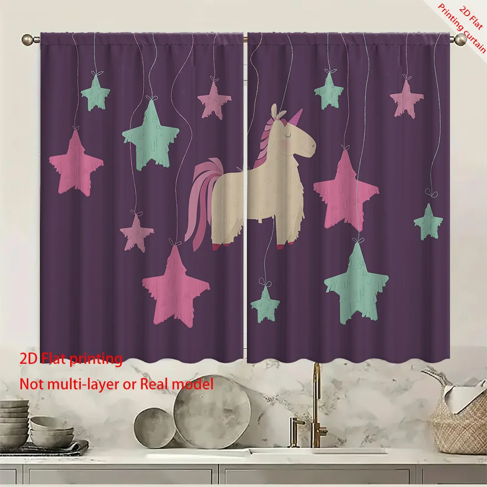 Purple Cartoon Starry Sky Printed Curtains, Home, Dormitory, Office, Living Room Balcony Decoration Blackout Curtains