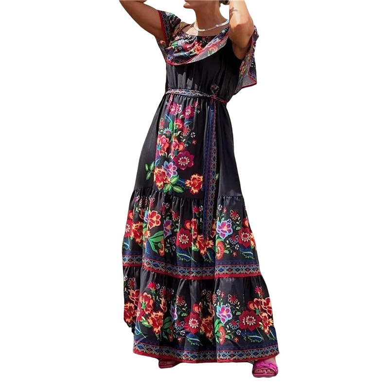 Robe mexicaine d'été pour femmes, imprimé Floral, épaules dénudées, sans manches, longue robe de plage Maxi, nouvelle collection