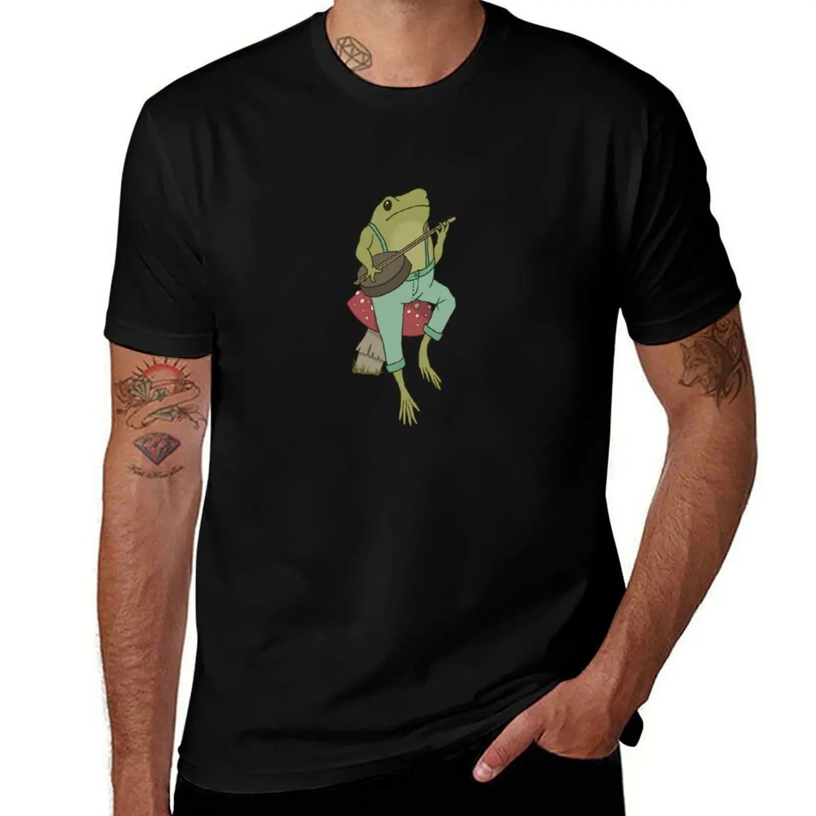 Cottagecore Emo Froggy Banjo Player: Goblincore Toad in Farmer Costume on Mushroom Toadstool T-Shirt