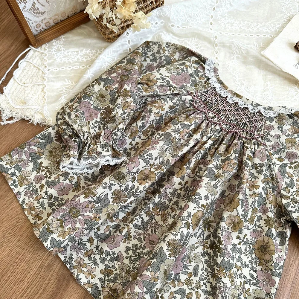 fall baby tops girl clothes cotton Vintage French countryside style long sleeved T-shirt floral patterns Sweet girls' shirt