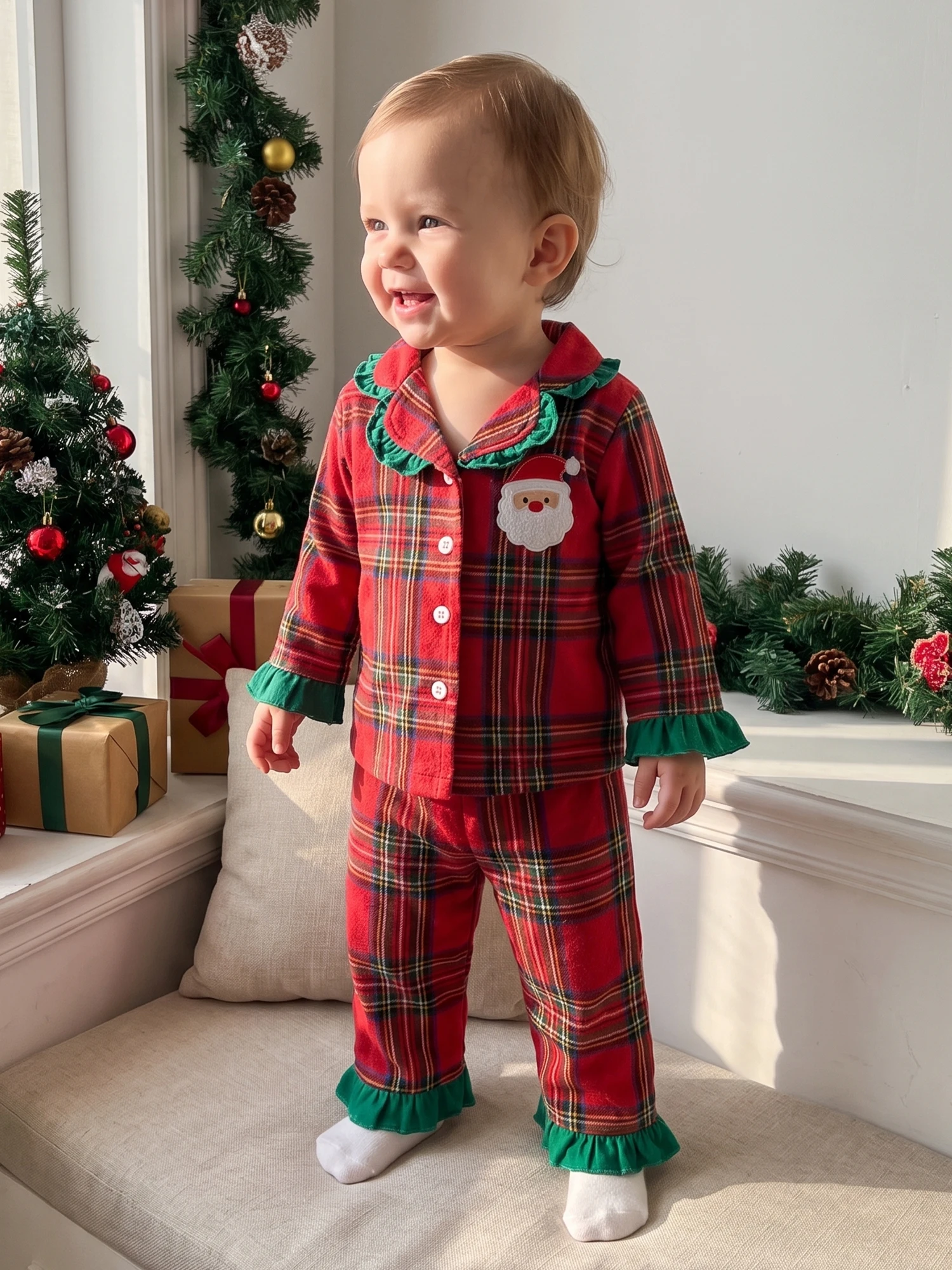 Plaid Christmas Pajamas Long Christmas Pajamas Pajamas Lapel Plaid Shirt Shirt-Pants Girl-2-Pcs Girl