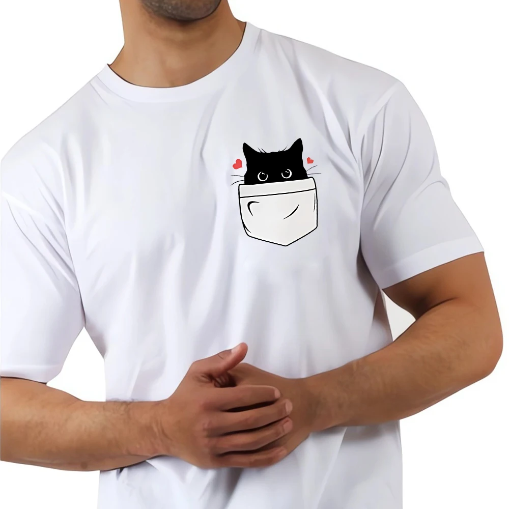 CLOOCL Fashion Animals Cotton T-Shirts Black Cat Fake Pocket Printed Pocket T-shirt Mens Women Short Sleeve Shirts Hip Pop Tops