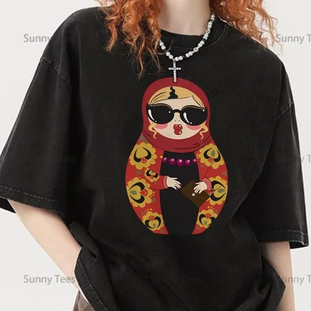 

Top Women Y2k T-shirt Vintage Graphic Print Oversized Cotton Cool Sunglasses Russian Doll Print Clothing Summer Casual Tee