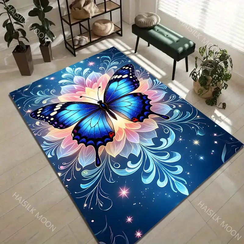 1PC Blue Butterfly Floral Stars Carpet for Living Room Bedroom Sofa Home Decor Rus Non-slip Floor Mat Luxury Gift Multiple Sizes