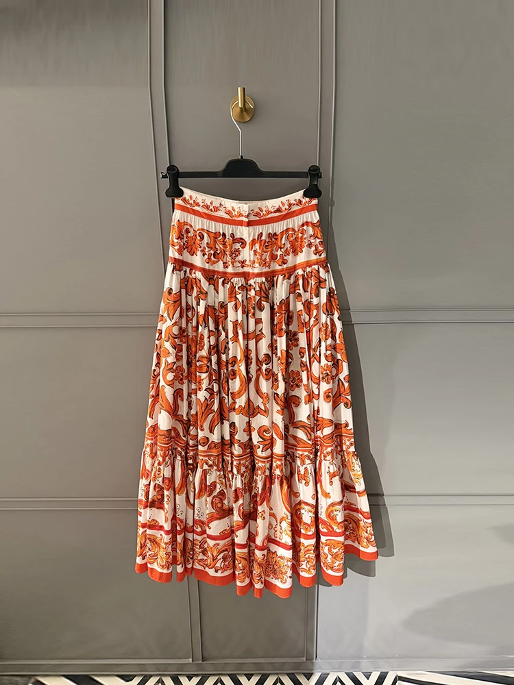 Summer Fashion Party Elegant Vintage Pattern Print Cotton Long Skirt Women's Middle Waist Slim A-Line Flounces Big Swing Skirt