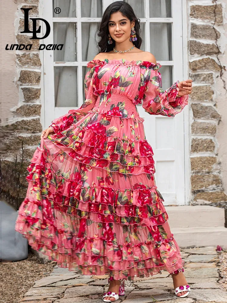 

LD LINDA DELLA 2024 Women's Gorgeous Party Long Dress Summer Bohemia Flower Print Cascading Ruffle Elegant Vacation Maxi Dress