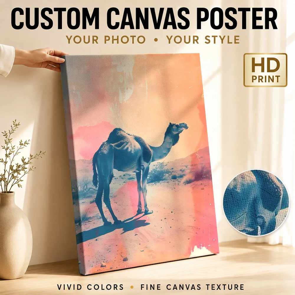 Camel In Desert Landscape Framed Canvas Print Personalized Photo Detailed Painterly Composition Wall Art For Cottage Living Room