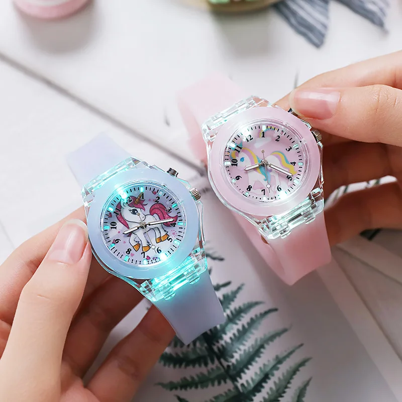 Reloj de dibujos animados para niños, correa de silicona luminosa de unicornio, lindo reloj de estudiante para niña C22