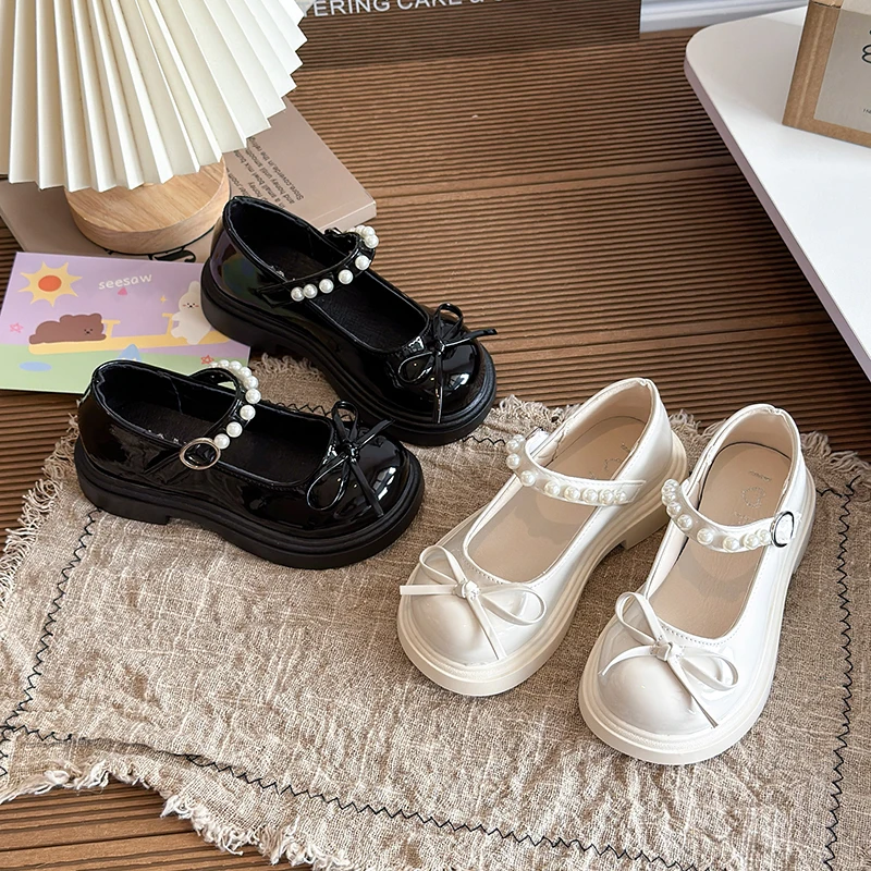 Children Leather Shoes Pearl Strap Decor Girls Princess Dress Mary Jane Shoes Thick Soled Wedding Party Kids Causal School Shoes