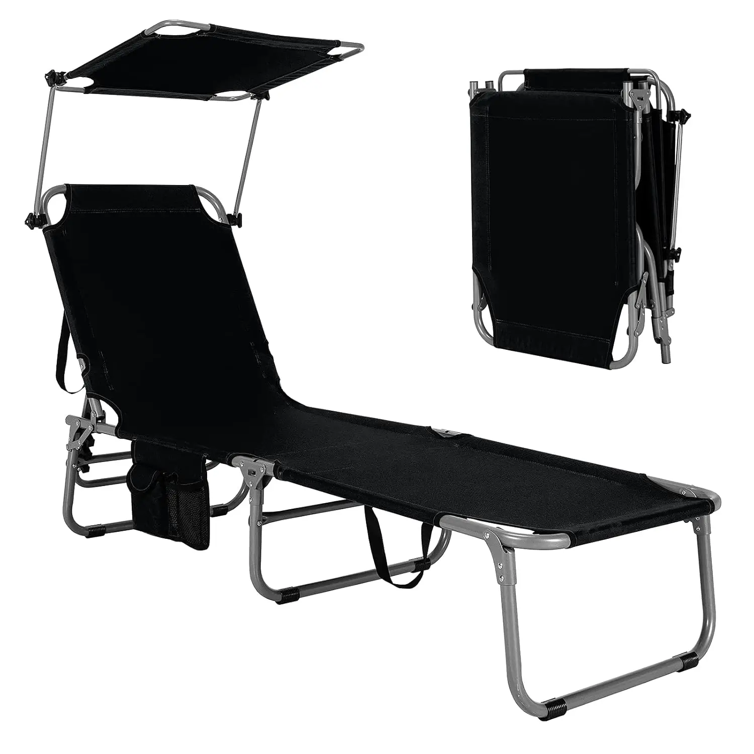 

Beach Chair with Canopy Shade, Folding Tanning Lounge with Adjustable Backrest, Carry Handle & Side Pocket,, Customized