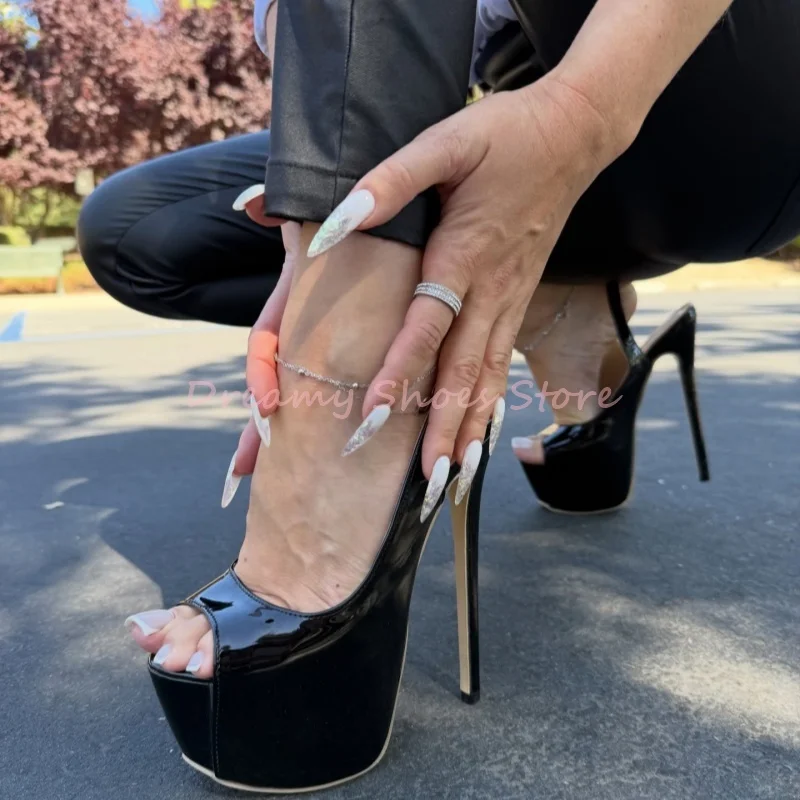 

Black Patent Leather Back Strap Platform Sandals Women Buckle Strap Slingback Thin High Heels Elegant Sexy Party Club Shoes New