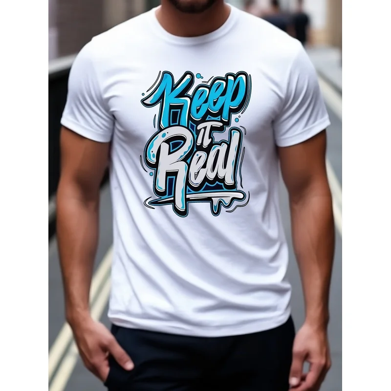 Men's T-shirt, Fun 'Keep It Real Graffiti Art Printed T-shirt, Men's Short Sleeve T-shirt, Regular Casual Daily Men's Top, Men's