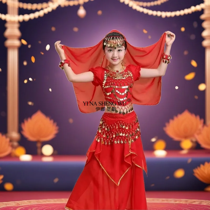 مجموعة أزياء الرقص لغطاء الرأس، فستان الأميرة الملون، أزياء الرقص الشرقي، تصميم الأزياء المتألقة، ملابس الفتيات الهندية للأطفال #1