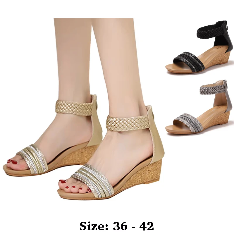 

High quality leather flat sandals for women 5cm mid heel new summer 2025 36 42 open toe casual vintage shoe black gold grey
