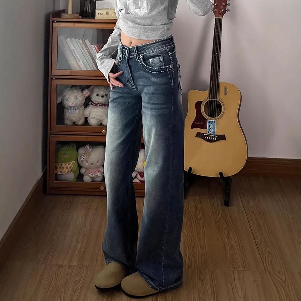 Women's Jeans American High Street Babes Heavy Industry Design Sense Hot Diamond Embroidered Jeans Children Vintage Y2k Millenni