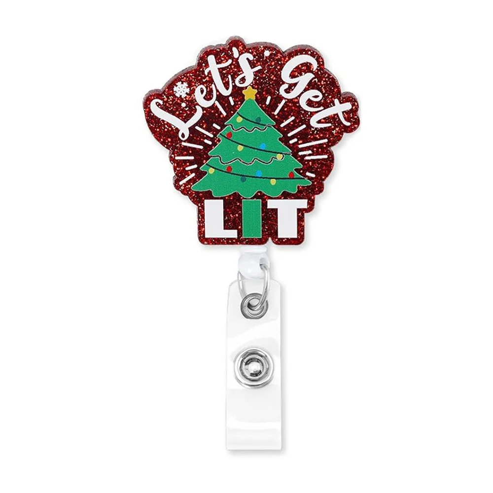 1pcs Christmas Acrylic Glitter Nurse Badge Reel Clip Holder Santa Claus Retractable Doctor ID Card Holder Xmas Decoration Gift