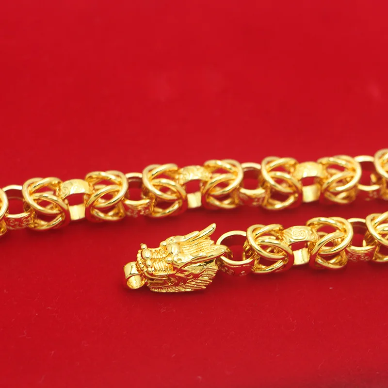 9999 Gold Plated Pendant Necklace with Hollow Design for Men - Retro and Powerful 10mm Dragon Bone Chain