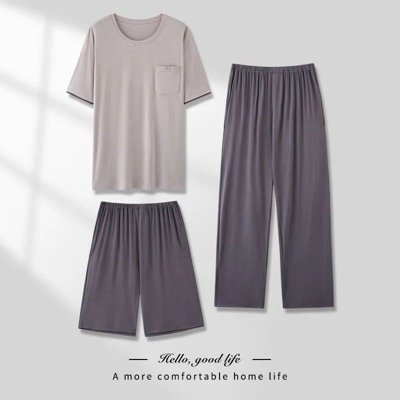 

Мужской комплект для сна: тонкая футболка с круглым вырезом, длинные брюки, три предмета, повседневный свободный крой, большие размеры, домашняя одежда, модал, дышащая ткань