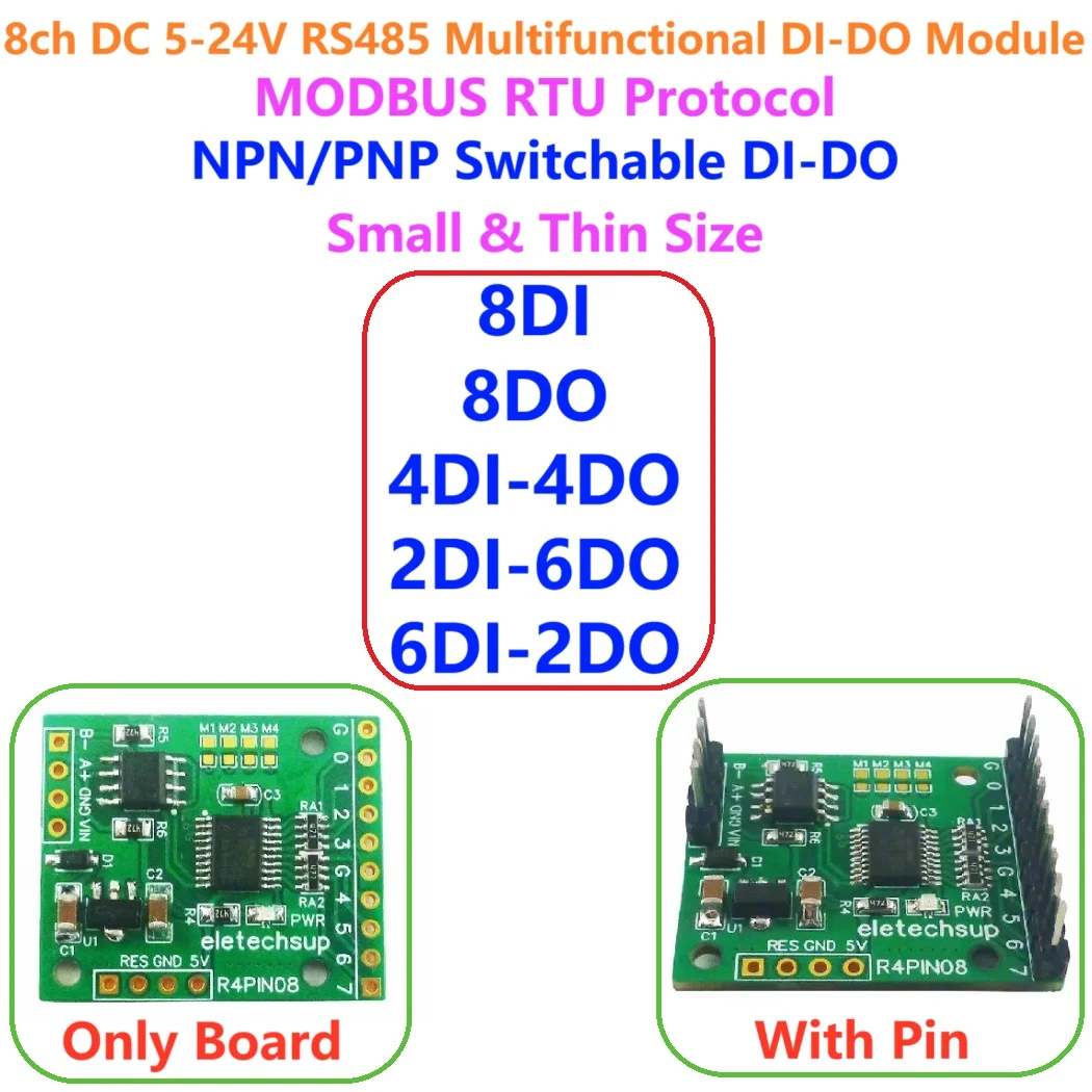 

8-канальный DC 5 В 12 В 24 В Modbus Rtu Управление вводом и выходом ПЛК HMI Плата расширения дистанционного ввода-вывода R4PIN08 RS485 2,54 мм Контактная основная плата