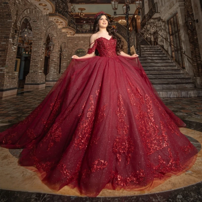 

Красное блестящее платье Quinceanera с открытыми плечами и блестками, аппликация, кружево, бусины, тюлевое платье для вечеринки, дня рождения, сладкое платье 16, Vestidos 15 De Anos