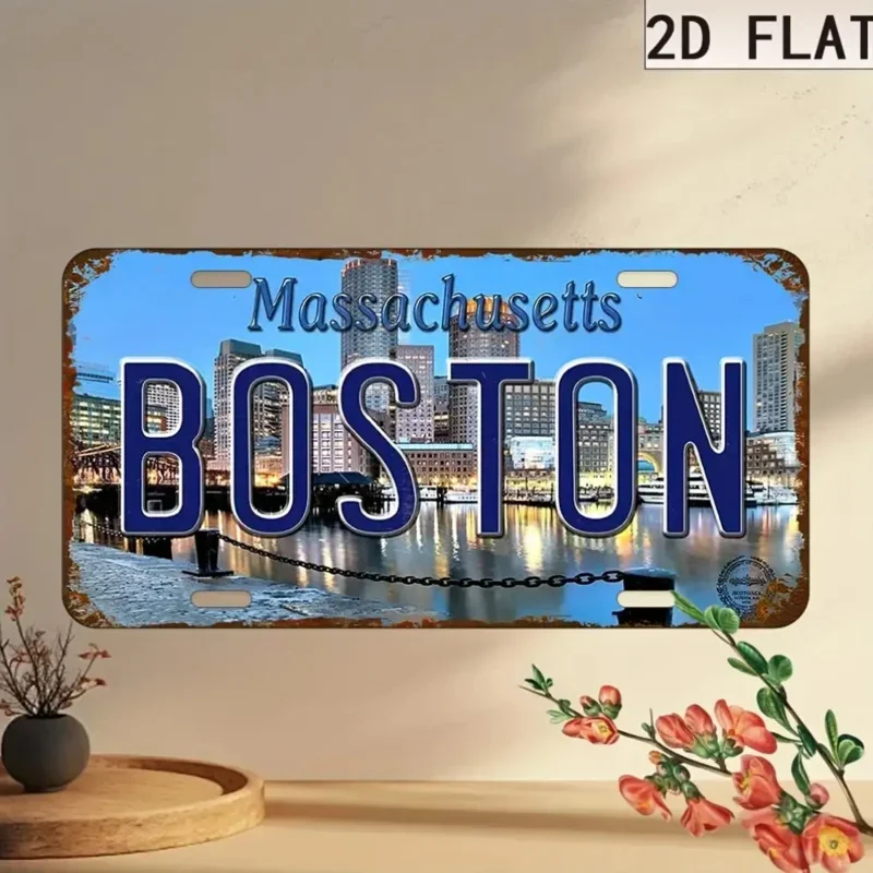 HD Aluminum Print, Vintage Boston Massachusetts Harbor Skyline Retro License Plate Style Wall Art, High Definition Bend-Resistan