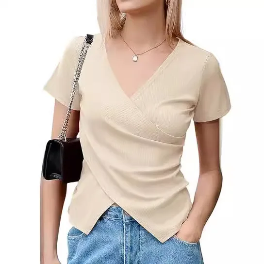 Women's Cross-Over Solid Color Wrap Deep V-Neck T-Shirt Casual Sexy Short-Sleeve Slim Fit Pleated Base Shirts