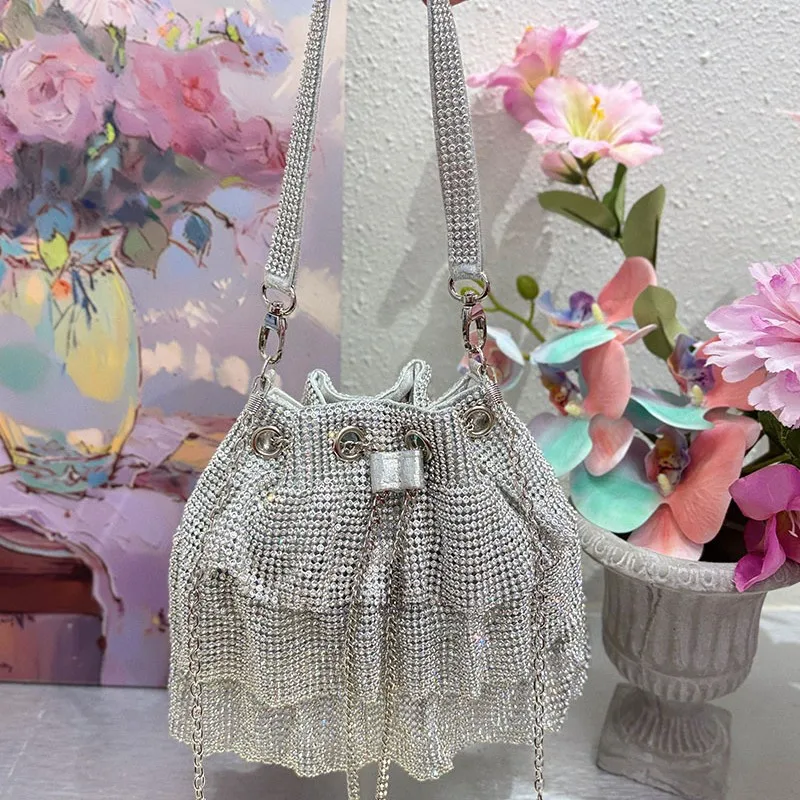 

Rhinestone Evening Bags Pleated Luxury Bucket Handbags Drawstring Handbag for Women Perfect for Parties Weddings Formal Events