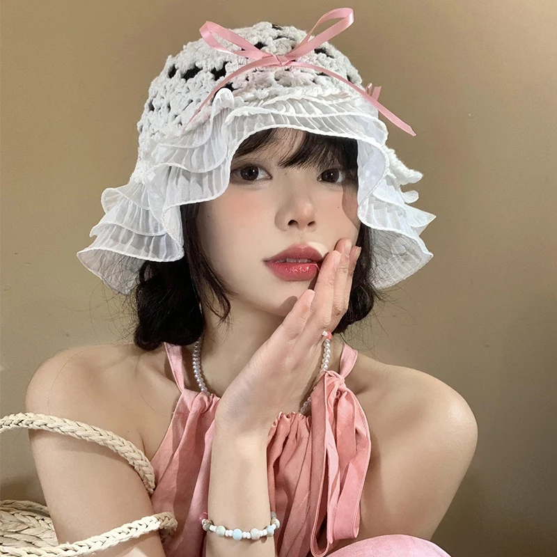 Korean Version Spring and Summer Knitted Hollow Bow Bucket Hat Female Sunshade Lace Big Head Circumference Sweet Basin Cap