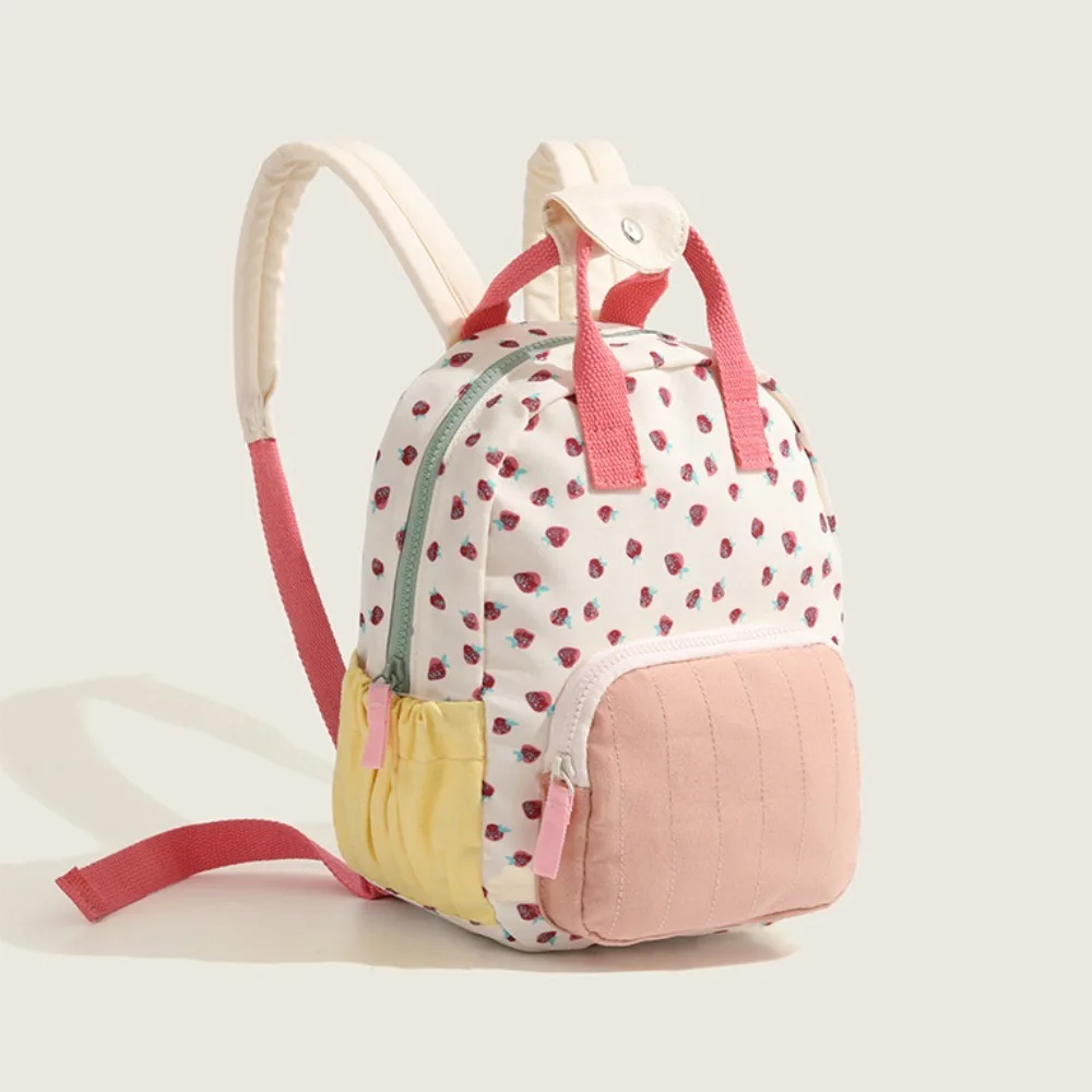 New Canvas Strawberry Print Girls Backpack Dopamine Patchwork Color Block Commuter Shoulder Bag