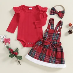 2025 New Years Baby Girl Christmas Outfit Ruffle Long Sleeve Ribbed Romper Tops Plaid Suspender Skirt with Headband 3 Piece Set