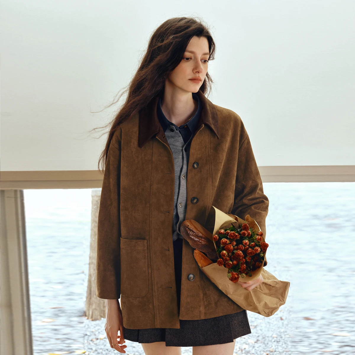 OLrain Giacca in pelle scamosciata sintetica Cappotto casual da donna con vestibilità ampia e colore a contrasto 2025 Autunno Nuovo arrivo Colletto rovesciato GO57QW000986