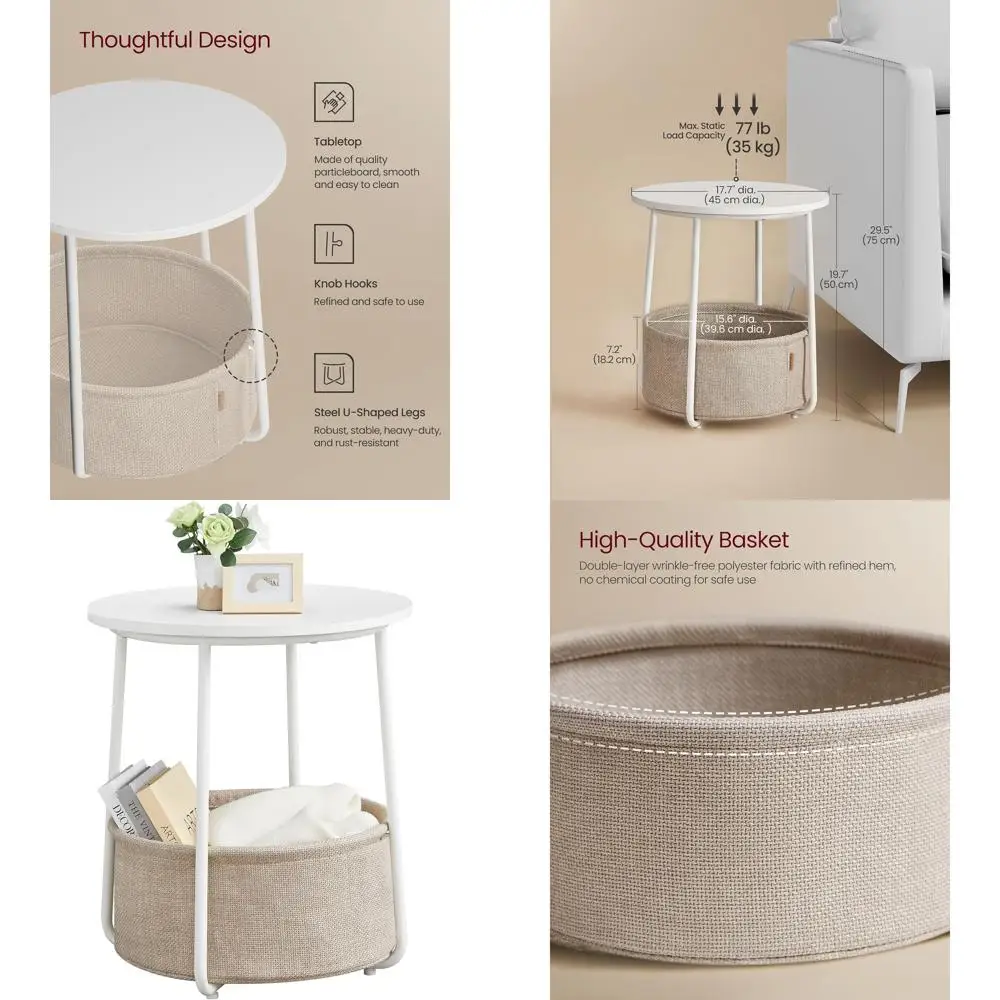 

Компактный круглый журнальный столик с тканевой корзиной, матовое белое и коричневое покрытие, ULET223W10